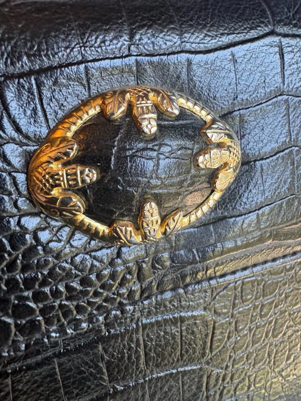 Vintage Star Brand Black Croc Embossed Handbag Gold Crocodile Clasp
